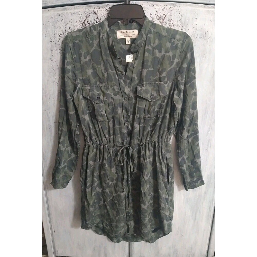 Cloth & Stone Anthropologie Camouflage Buttonup Tie  Mini Dress Xs Boho Feminine